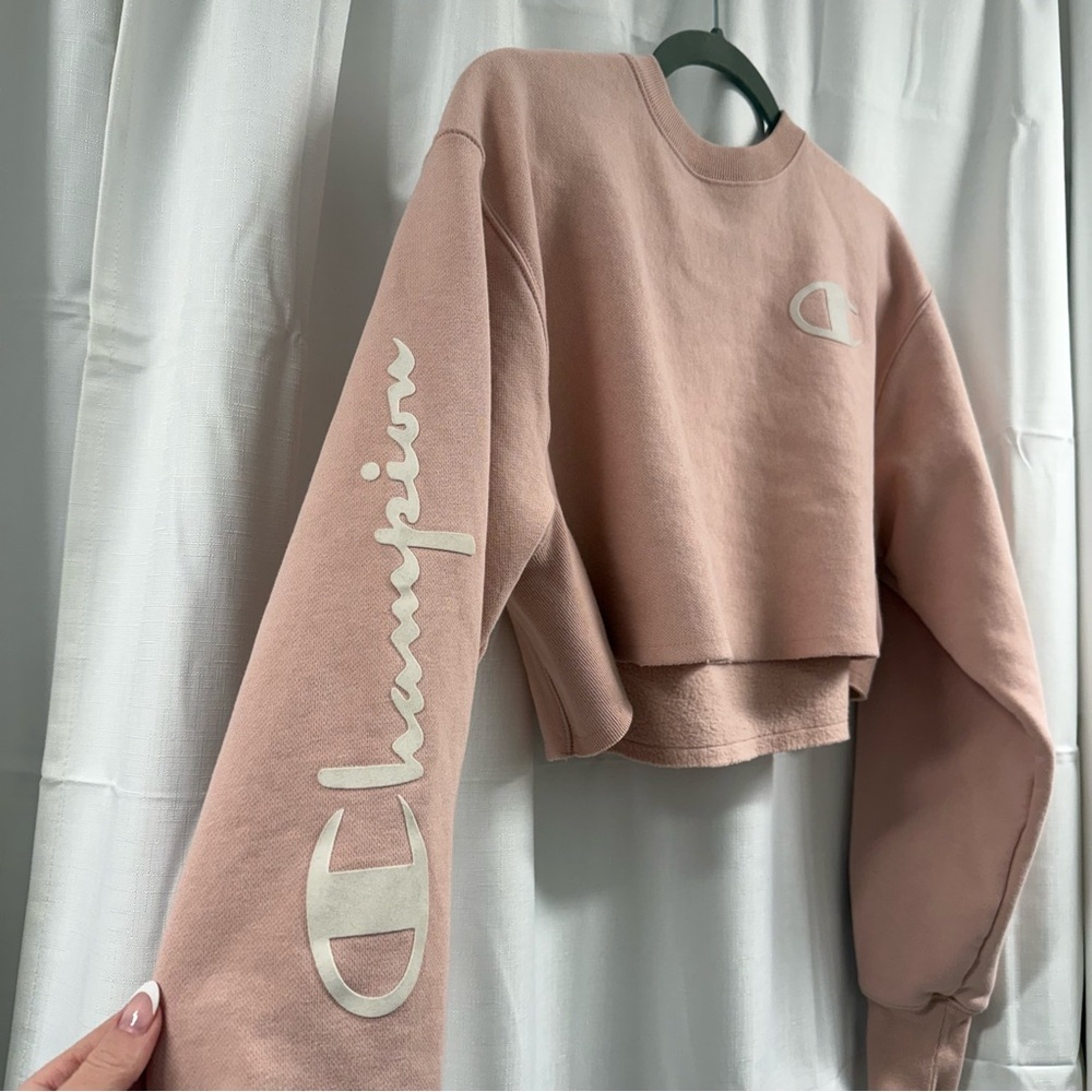 Champion Cropped Sweatshirt Blush Pink/ Dusty Rose XS Logo Sleeve - Picture 4 of 7